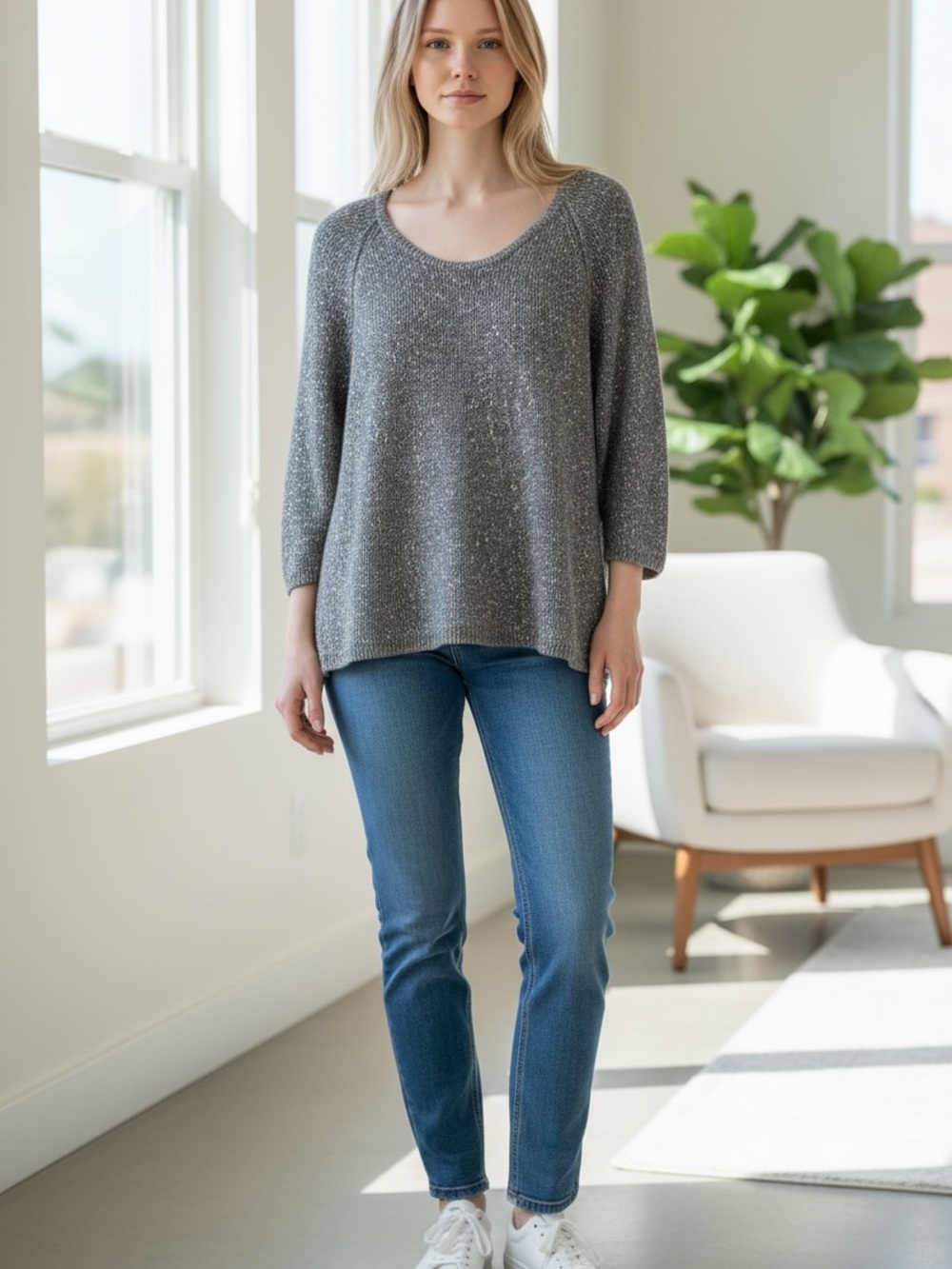 Eileen Fisher Silver-Gray Scoop Neck Knit Sweater